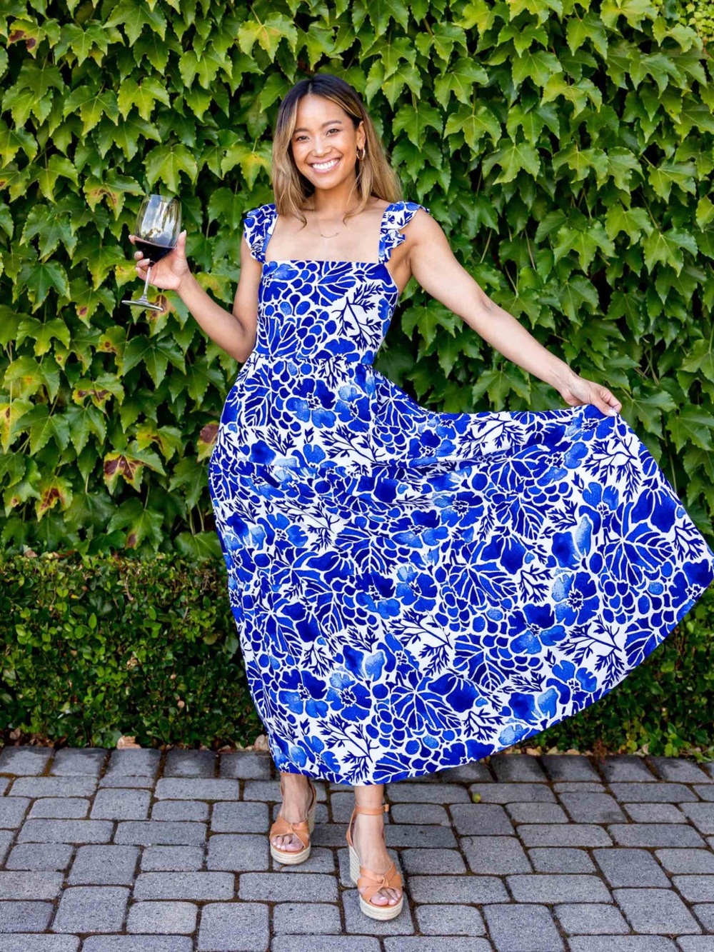 Kenny Flowers Blue and White Floral Square-Neck Maxi Dress
